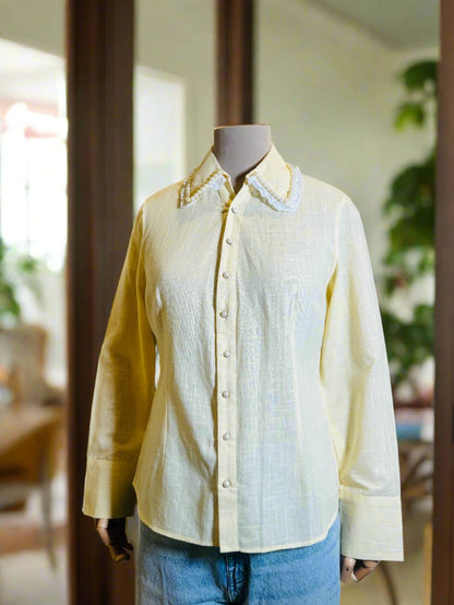 Women yellow hand embroidered Pure Cotton Slim Fit Shirt