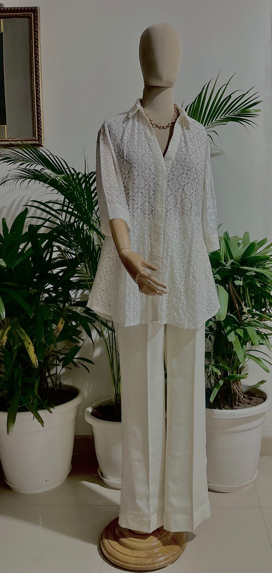 Women White Lace Top and Trouser Set - Ziona MuL