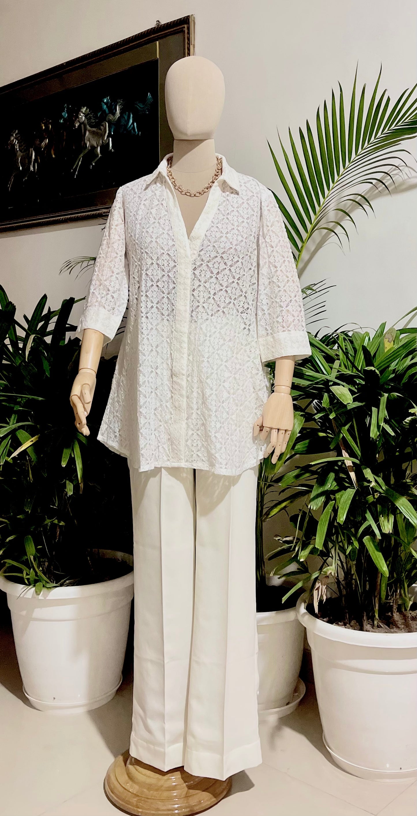 Women White Lace Top and Trouser Set - Ziona MuL