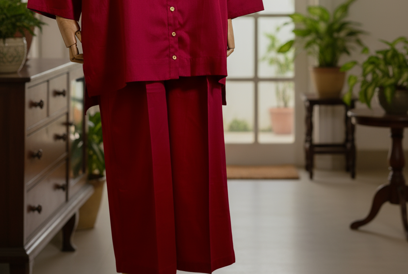 Person wearing a red outfit in a room with furniture and plants