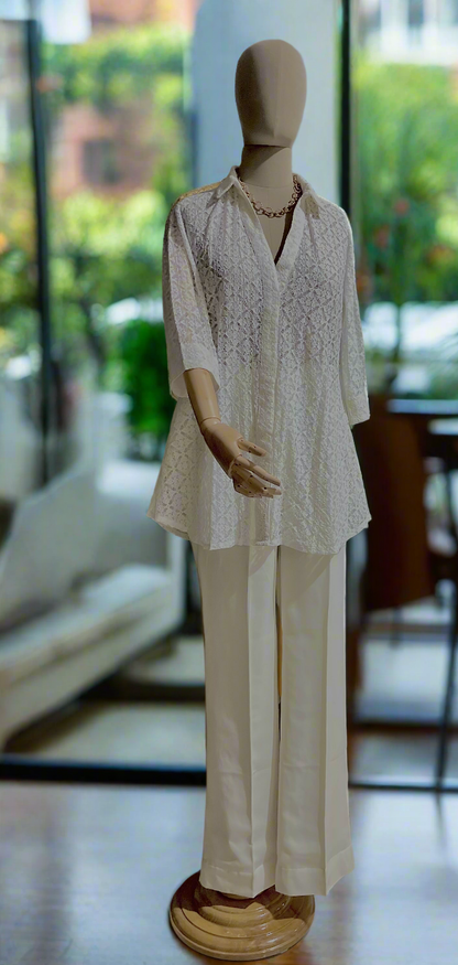 Women White Lace Top and Trouser Set