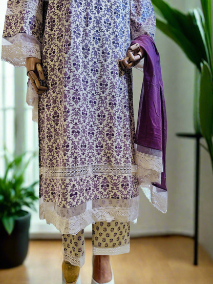 Women Cotton Purple Kurta Set with Dupatta