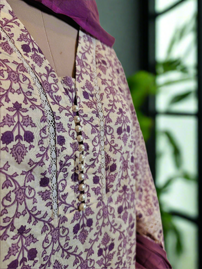 Women Cotton Purple Kurta Set with Dupatta