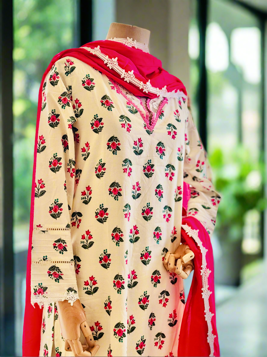 Women White printed kurta set