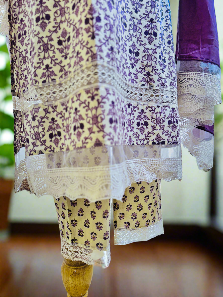 Women Cotton Purple Kurta Set with Dupatta