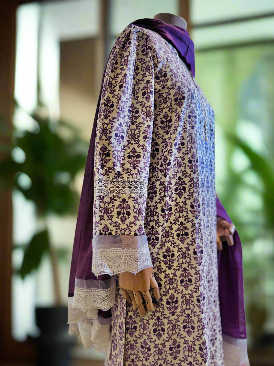 Women Cotton Purple Kurta Set with Dupatta