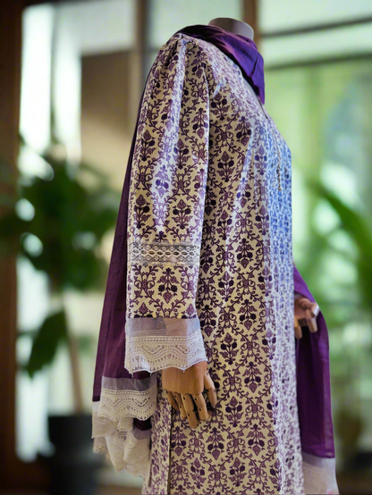 Women Cotton Purple Kurta Set with Dupatta