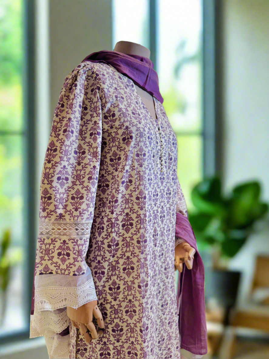Women Cotton Purple Kurta Set with Dupatta