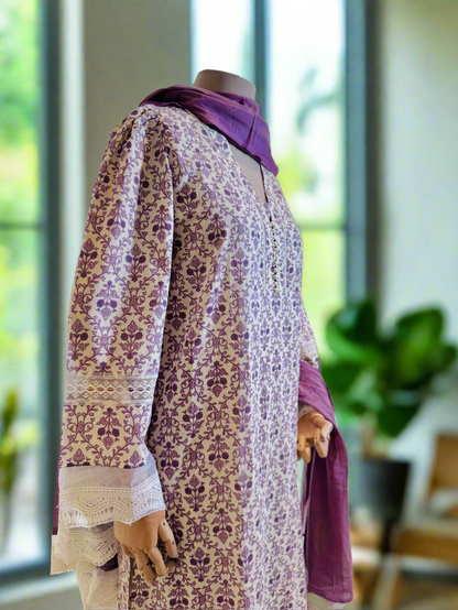 Women Cotton Purple Kurta Set with Dupatta