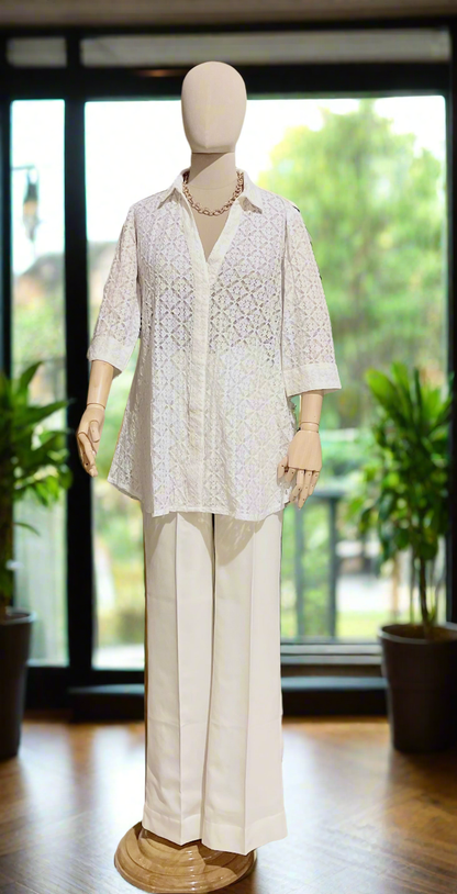 Women White Lace Top and Trouser Set