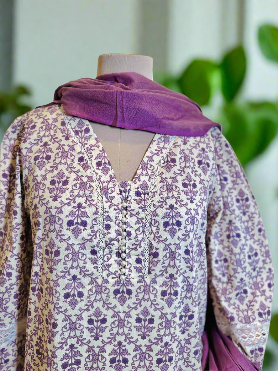 Women Cotton Purple Kurta Set with Dupatta