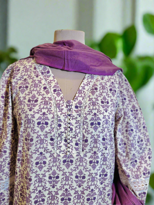 Women Cotton Purple Kurta Set with Dupatta
