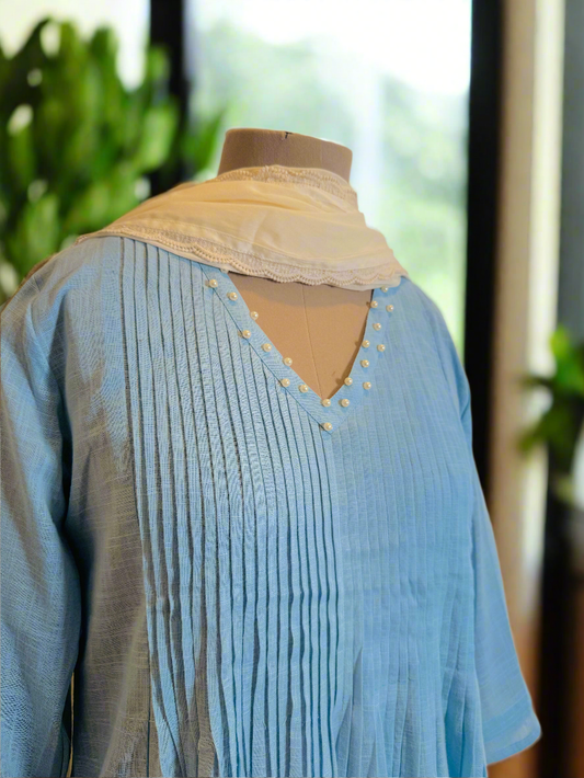 Women Ice Blue Kurta Set with Dupatta