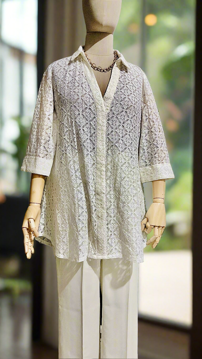 Women White Lace Top and Trouser Set